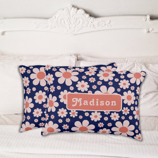 Coussins Décoratifs Personnalisé Retro les années 70 Floral Navy Bleu