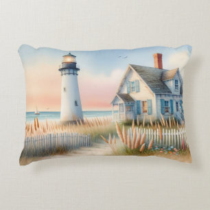 Coussins Décoratifs Phare et cottage au bord de la mer, scène aquarell
