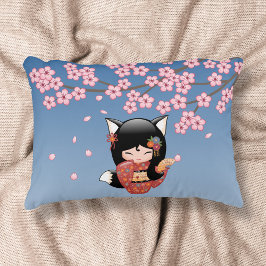 Coussins Décoratifs Poupée Kitsune Kokeshi - Black Fox Geisha Girl
