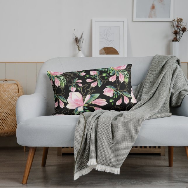 Coussins Décoratifs Rose Magnolia Aquarelle Motif Noir (Créateur téléchargé)