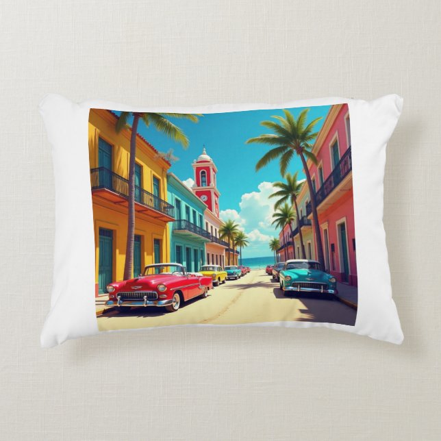 Coussins Décoratifs Rue colorée cubaine avec voitures classiques (Devant)