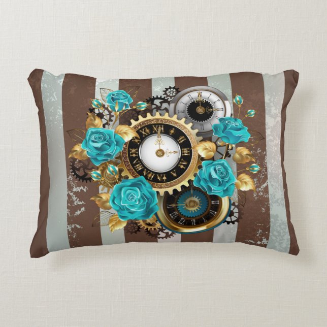 Coussins Décoratifs Steampunk Clock and Turquoise Roses on Striped (Devant)