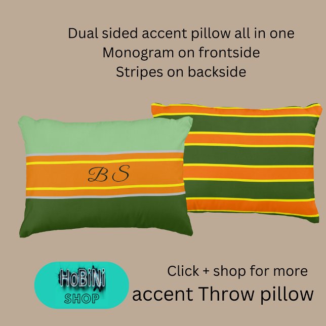 Coussins Décoratifs teintes orange vert sauge double face bande monogr (Dual sided throw pillow all in one
Monogram on frontside
Stripes on backside)
