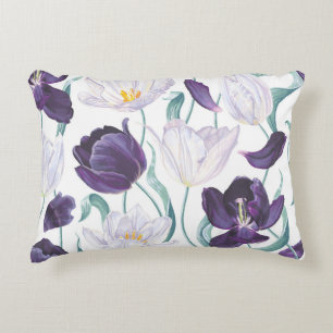Coussins Décoratifs Tulipes pourpres : Vintage réalisme blanc.