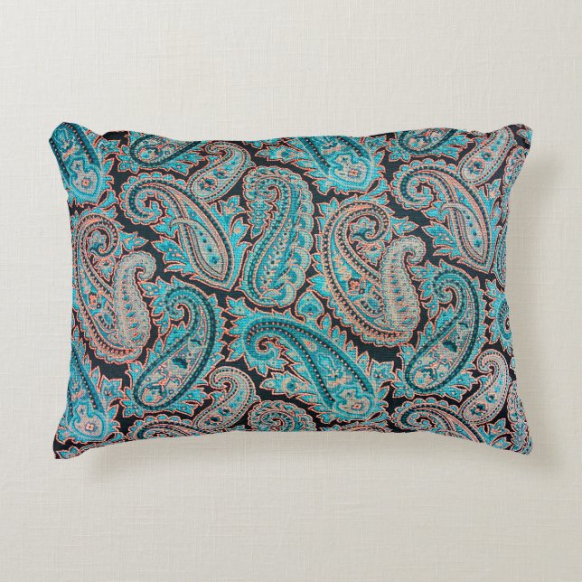 Coussins Décoratifs Turquoise et Coral Paisley (Devant)
