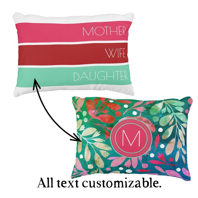 Coussins Décoratifs Typographie moderne de la fête des mères (Customizable Mother's Day pillow in pink, red, and mint. Personalize with initial and text.)