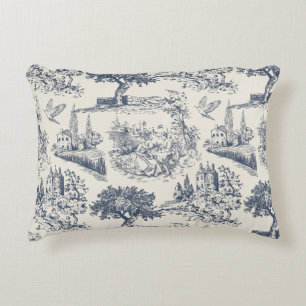 Coussins Décoratifs Vintage Country Français "Toile de Jouy Bleue"