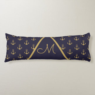 Coussins Longs Ancre marine Monogramme bleu or