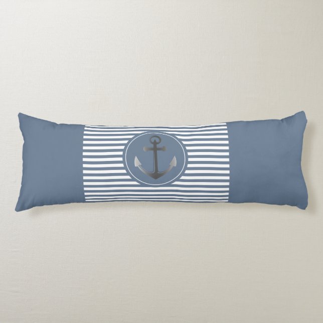 Coussins Longs Ancre nautique de bateau bleue et blanc barré (Devant)