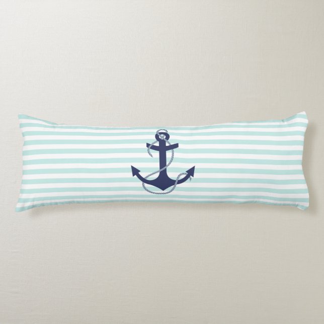 Coussins Longs Aqua nautique et rayures blanches Marine Ancre ble (Devant)