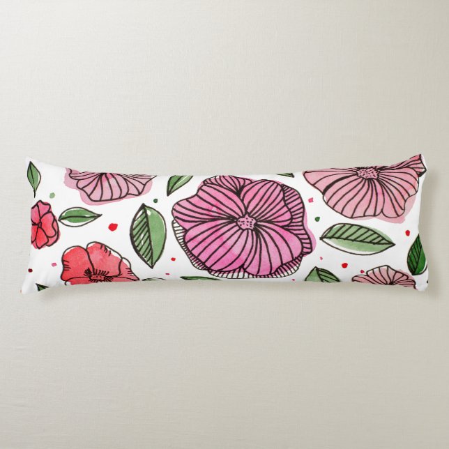 Coussins Longs Aquarelle et fleurs d'encre - rose et vert (Devant)