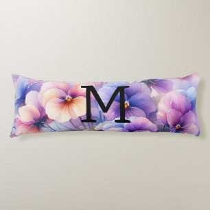 Coussins Longs Aquarelle florale monogramme rose pourpre panses