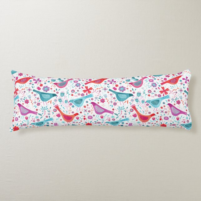 Coussins Longs Aquarelle Oiseaux dans un jardin Floral Turquoise  (Devant)