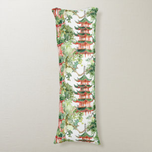Coussins Longs Aquarelle Pagode asiatique dans paysage verdoyant