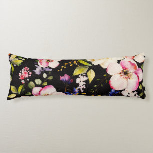Coussins Longs Aquarelle rose Roses Jaunes Arrière - plan noir