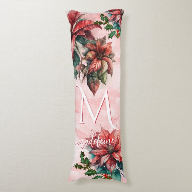 Coussins Longs Aquarelle Rouge Poinsettia Mistletoe Nom Noël (Devant (Vertical))