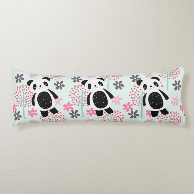 Coussins Longs Arbres, fleurs et ours de panda (Devant)
