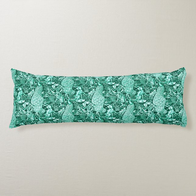 Coussins Longs Art Nouveau Peacock Print, Turquoise et Aqua (Devant)