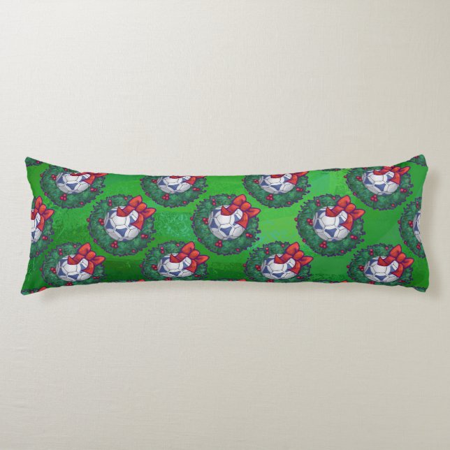 Coussins Longs Bal de soccer blanc et bleu sur vert (Devant)