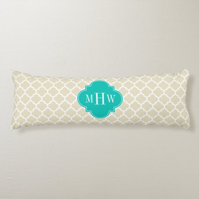 Coussins Longs Beige Blanc Marocain #5 Turquoise 3 Monogramme ini (Devant)