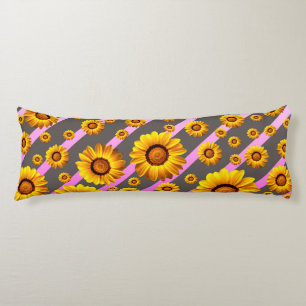 Coussins Longs Belles fleurs jaunes sur gris, rayures roses