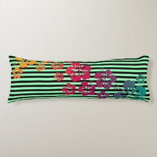 Coussins Longs BG Stripes Motif étroit noir + fleurs d'hibiscus