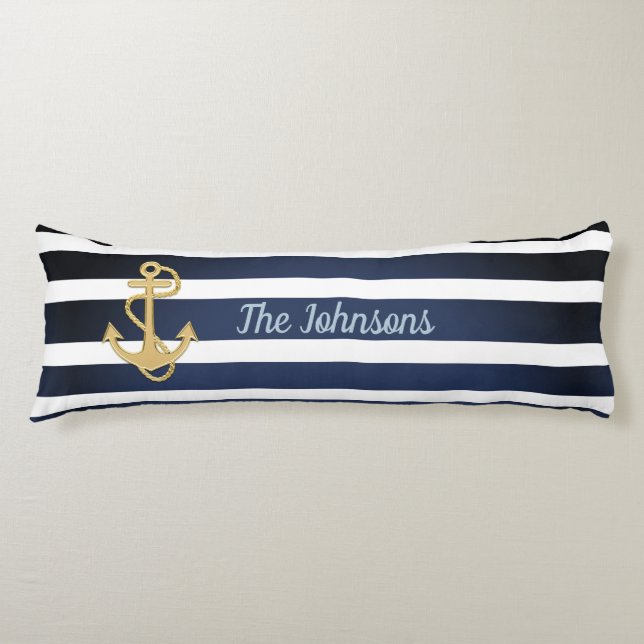 Coussins Longs Bleu et Ancre Gold Nautique (Devant)
