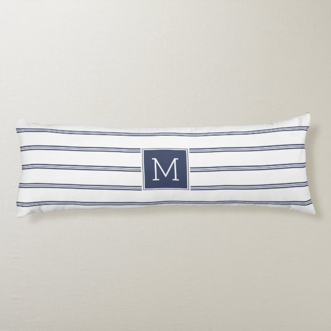 Coussins Longs Bleu et blanc de marine, rayures modernes (Dos)