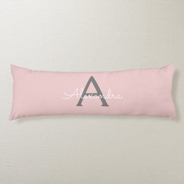 Coussins Longs Blush Pink Grey Modern Script Girly Monogram (Devant)