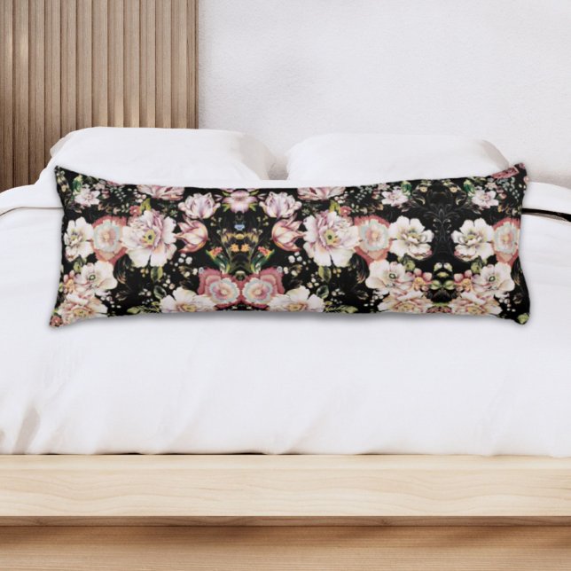 Coussins Longs bohème chic rose pâle fleurs sombres floral (bohemian chic blush pink flowers dark floral body pillow)