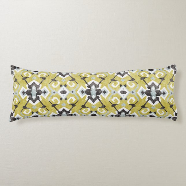 Coussins Longs Boho chic gris foncé et jaune ikat motif tribal (Devant)