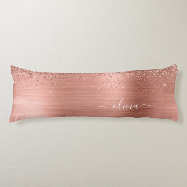 Coussins Longs Brushed metal rose Gold Pink Glitter Monogram (Devant)