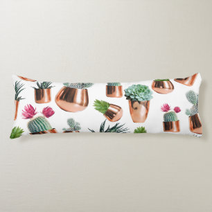 Coussins Longs Cactus et succulents dans des pots d'or Roses