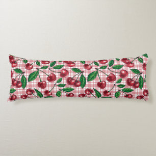 Coussins Longs Cerises rouges sur en vichy rose