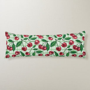 Coussins Longs Cerises rouges sur en vichy vert clair