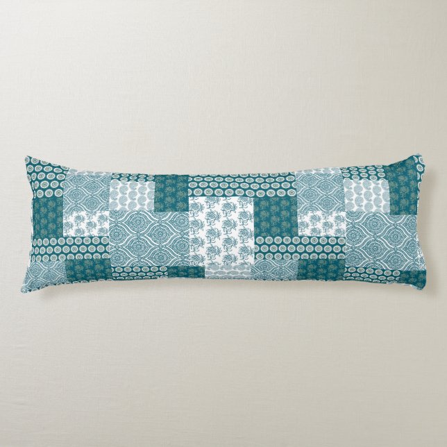 Coussins Longs Chic ethnique Faux Patchwork Motif, Turquoise et b (Devant)