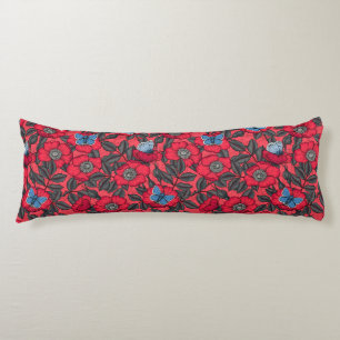 Coussins Longs Chien rose et papillons en rouge et bleu