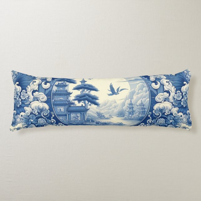 Coussins Longs Chinoiserie Bleu Blanc Asiatique Pagode Grues du l (Devant)