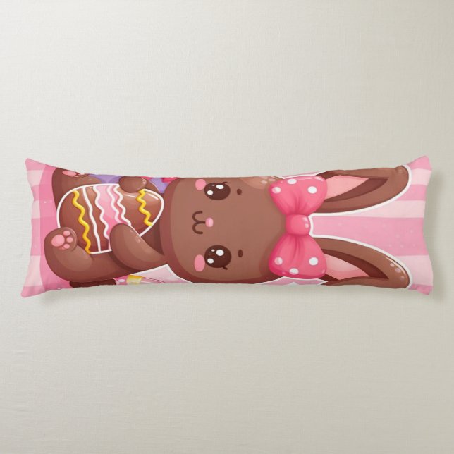 Coussins Longs Chocolat mignon lapin de Pâques avec rayures roses (Devant)