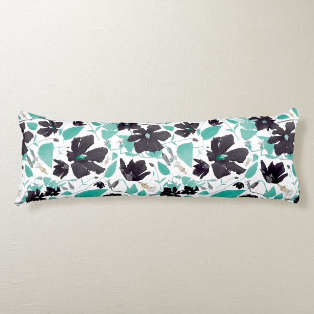 Coussins Longs Clematis Floral Gris Aquarelle Turquoise (Clematis Floral Gray Teal Watercolor Body Pillow from Studio Posies.)