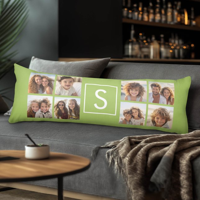 Coussins Longs Collage de photos - Monogramme personnalisé - Vert (Custom Photo Collage and Monogram Body Pillow)