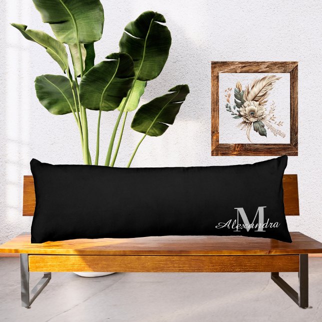 Coussins Longs Couleur unie noire de base monogramme nom initial (Créateur téléchargé)
