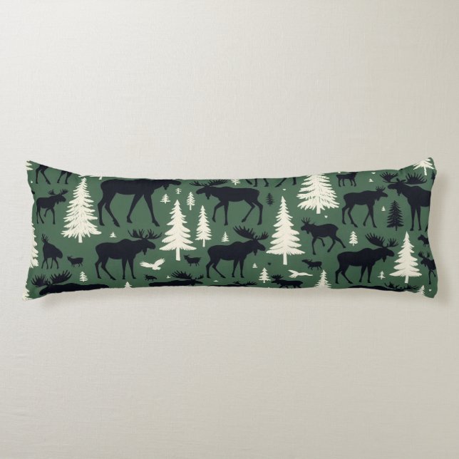 Coussins Longs Cozy Moose and Pines Forest Green (Devant)