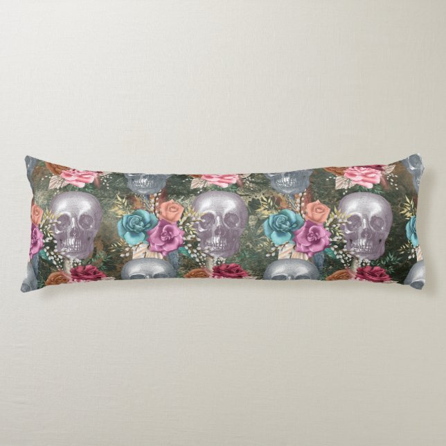 Coussins Longs Crâne Boho avec fleurs (Devant)