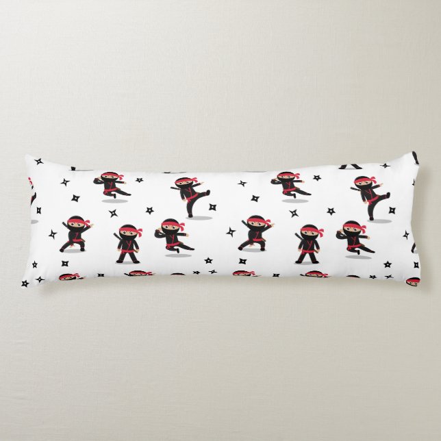 Coussins Longs Cute Ninja Guerrier Enfants Noir & Rouge Motif (Devant)