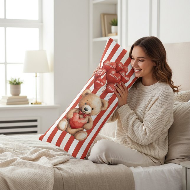 Coussins Longs Cute Teddy Bear Love Heart Balloons Red White (Créateur téléchargé)