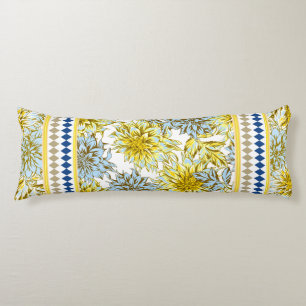 Coussins Longs Dahlias jaune bleu avec motif