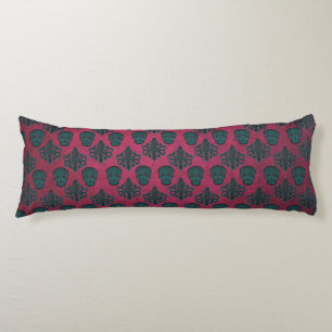 Coussins Longs Damassé sarcelle et crânes sur fond rose chaud tex