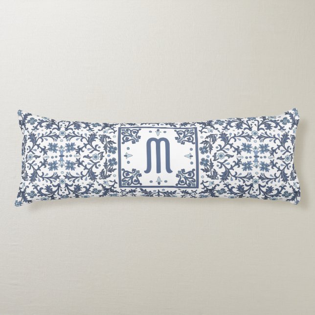 Coussins Longs Denim Blue Orné Monogramme (Devant)