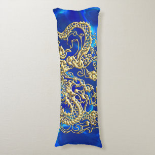 Coussins Longs Dragon d'or embouti sur papier satin bleu